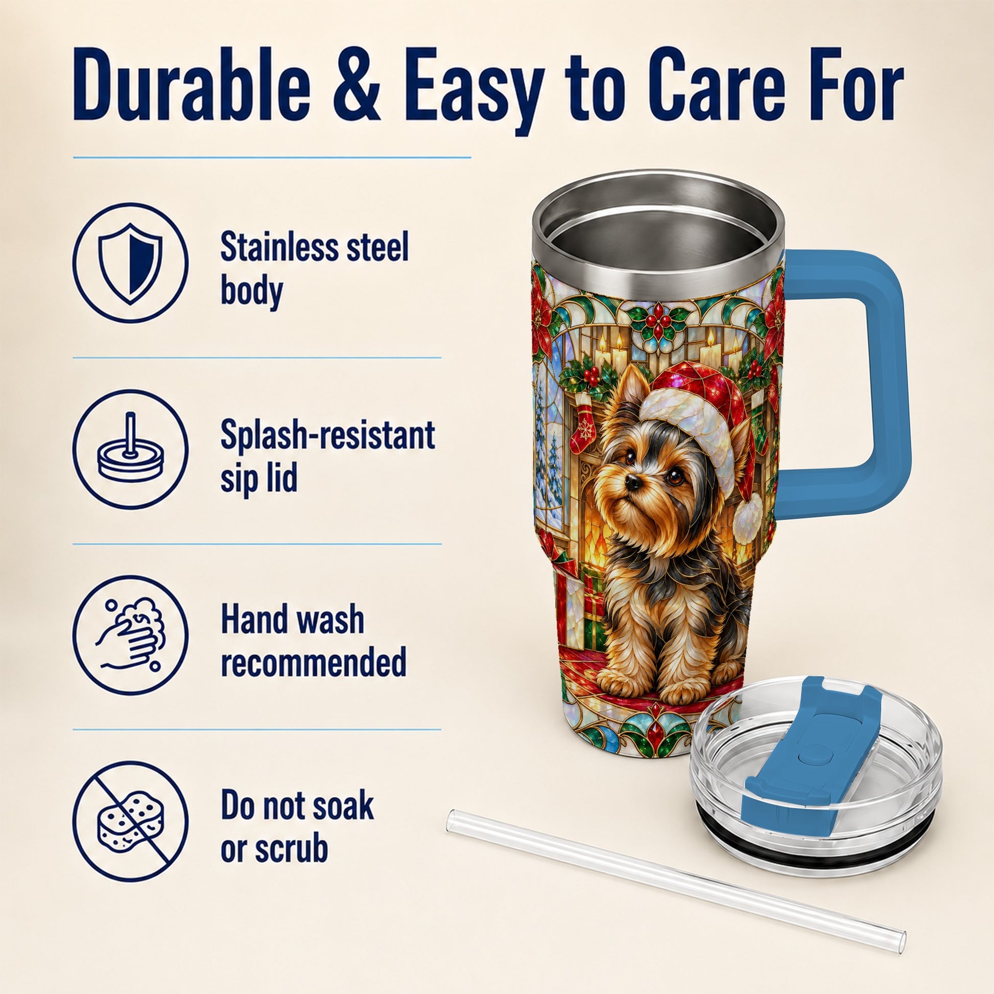 #pl[40oz|Blue] Stained Glass Style Yorkie 40oz Tumbler with Handle, Stainless Steel Cup