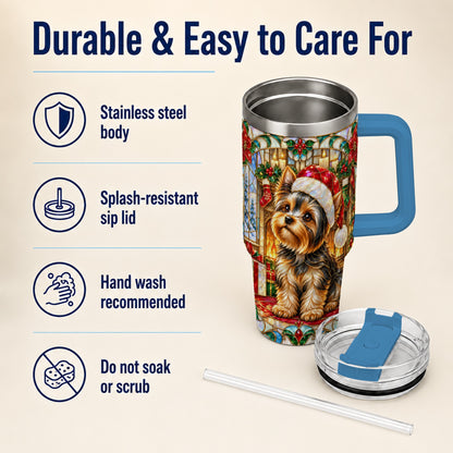 #pl[40oz|Blue] Stained Glass Style Yorkie 40oz Tumbler with Handle, Stainless Steel Cup