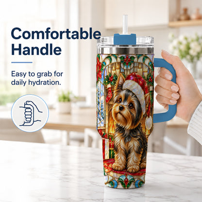 #pl[40oz|Blue] Stained Glass Style Yorkie 40oz Tumbler with Handle, Stainless Steel Cup