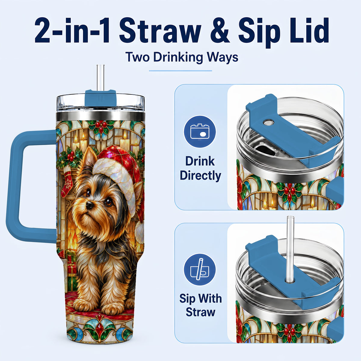 #pl[40oz|Blue] Stained Glass Style Yorkie 40oz Tumbler with Handle, Stainless Steel Cup