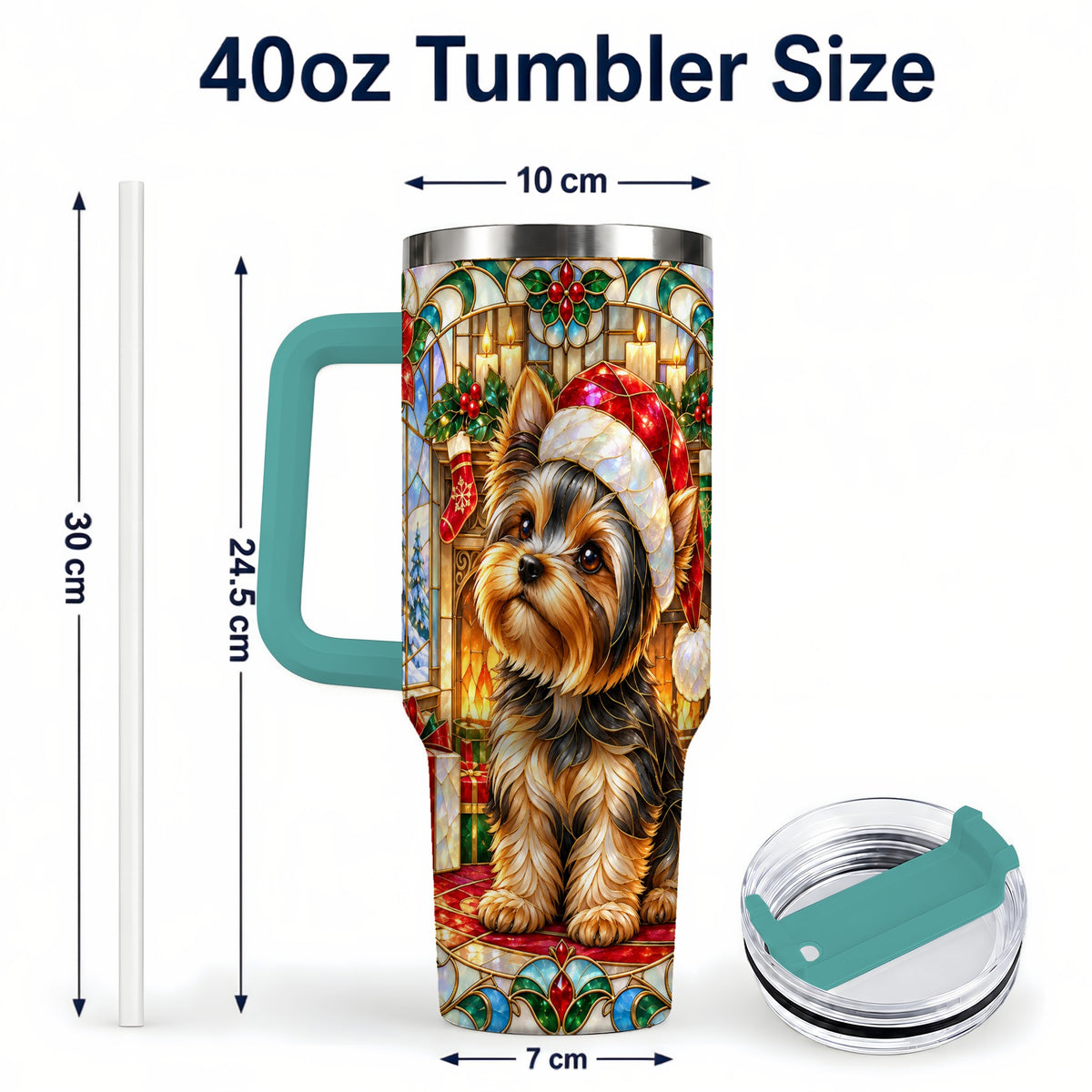 #pl[40oz|Green] Stained Glass Style Yorkie 40oz Tumbler with Handle, Stainless Steel Cup