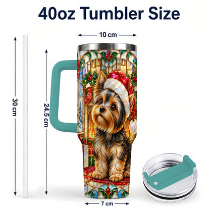 #pl[40oz|Green] Stained Glass Style Yorkie 40oz Tumbler with Handle, Stainless Steel Cup