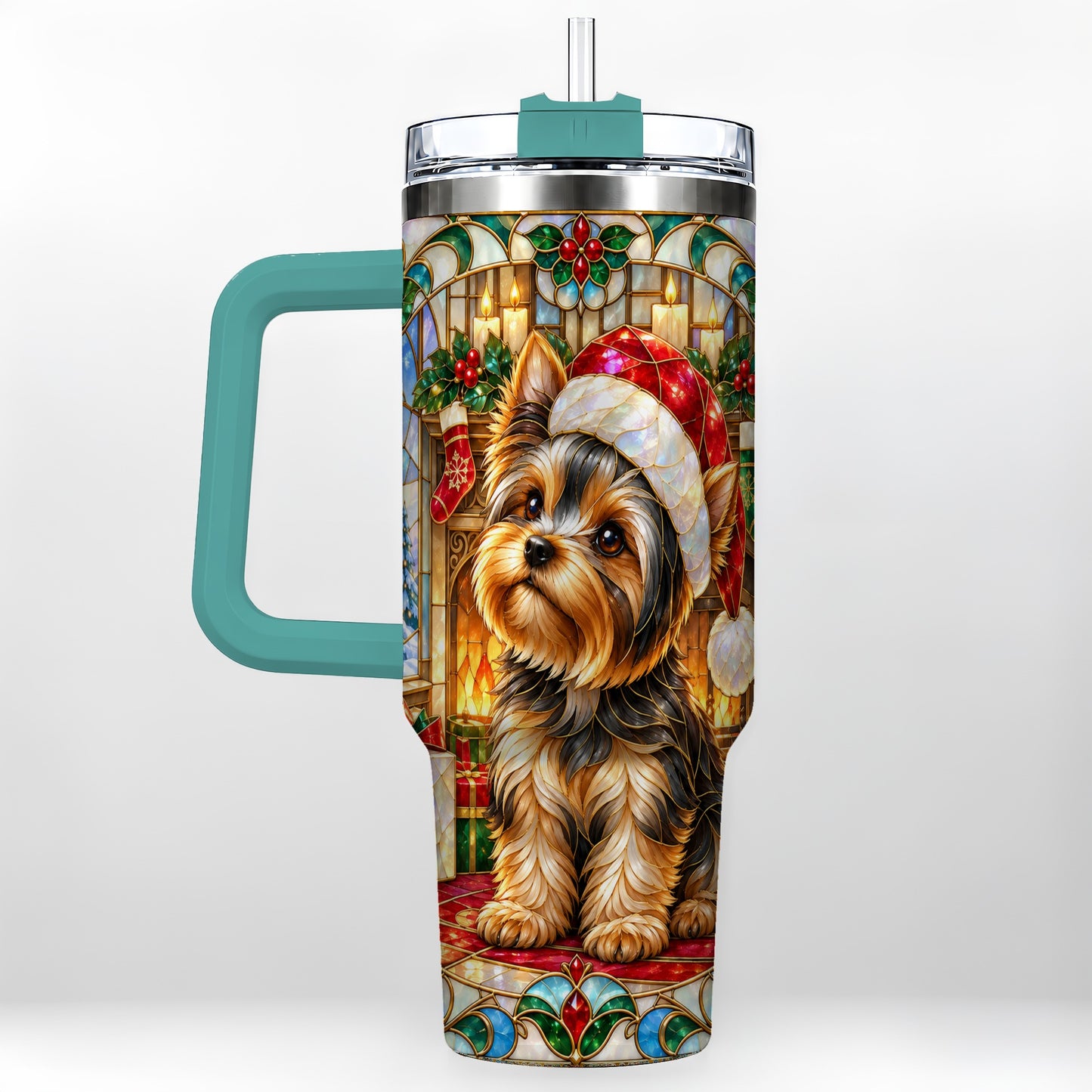 #pl[40oz|Green] Stained Glass Style Yorkie 40oz Tumbler with Handle, Stainless Steel Cup