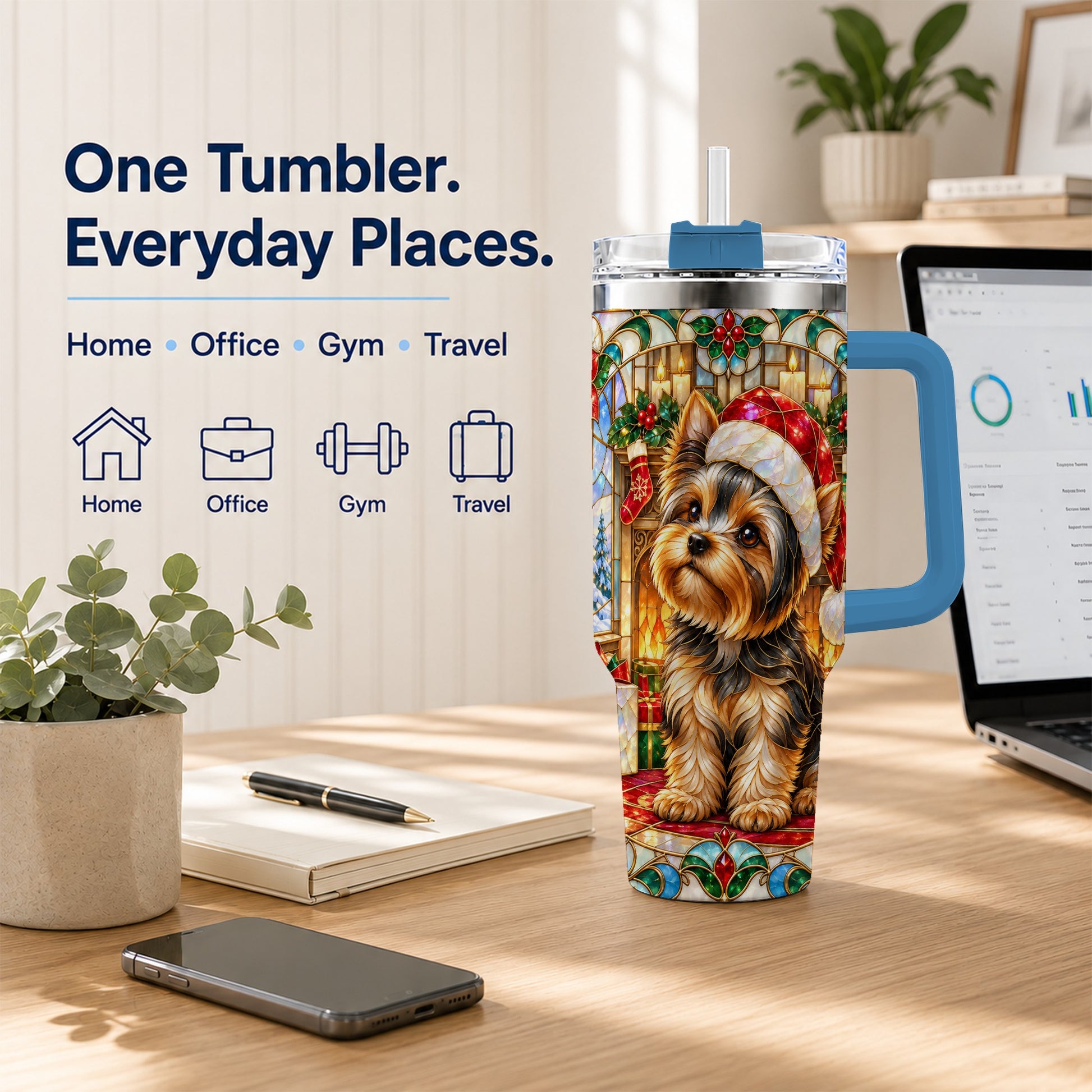 #pl[40oz|Blue] Stained Glass Style Yorkie 40oz Tumbler with Handle, Stainless Steel Cup