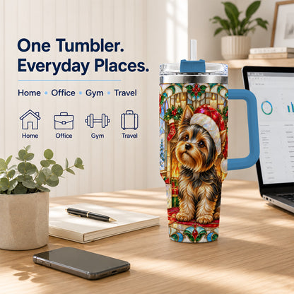 #pl[40oz|Blue] Stained Glass Style Yorkie 40oz Tumbler with Handle, Stainless Steel Cup