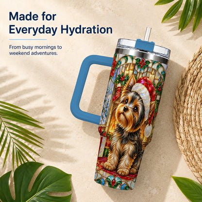 #pl[40oz|Blue] Stained Glass Style Yorkie 40oz Tumbler with Handle, Stainless Steel Cup