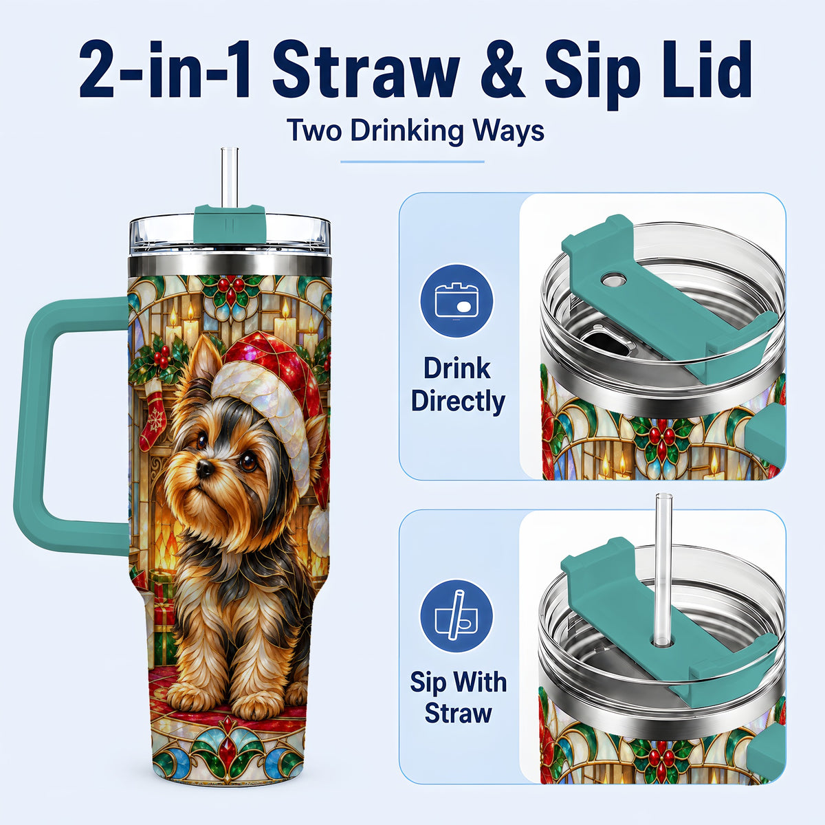 #pl[40oz|Green] Stained Glass Style Yorkie 40oz Tumbler with Handle, Stainless Steel Cup