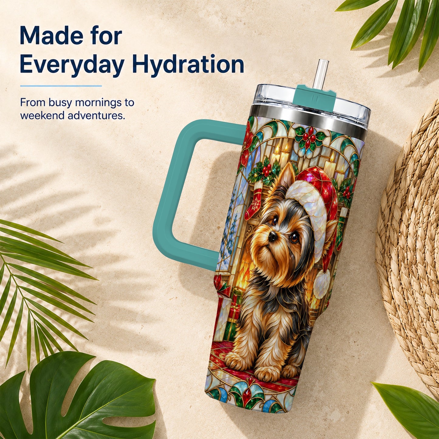 #pl[40oz|Green] Stained Glass Style Yorkie 40oz Tumbler with Handle, Stainless Steel Cup