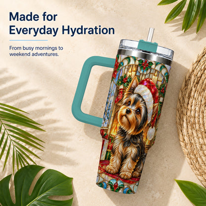 #pl[40oz|Green] Stained Glass Style Yorkie 40oz Tumbler with Handle, Stainless Steel Cup