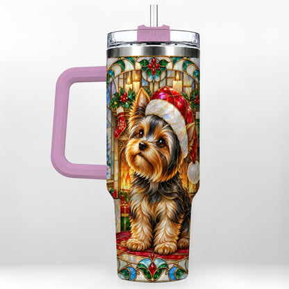 #pl[40oz|Pink] Stained Glass Style Yorkie 40oz Tumbler with Handle, Stainless Steel Cup