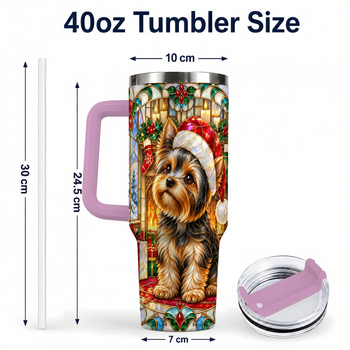 #pl[40oz|Pink] Stained Glass Style Yorkie 40oz Tumbler with Handle, Stainless Steel Cup