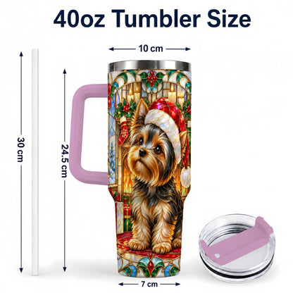 #pl[40oz|Pink] Stained Glass Style Yorkie 40oz Tumbler with Handle, Stainless Steel Cup