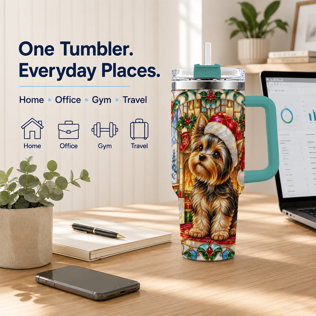 #pl[40oz|Green] Stained Glass Style Yorkie 40oz Tumbler with Handle, Stainless Steel Cup