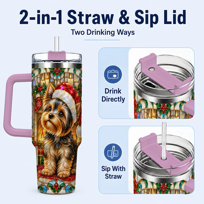 #pl[40oz|Pink] Stained Glass Style Yorkie 40oz Tumbler with Handle, Stainless Steel Cup