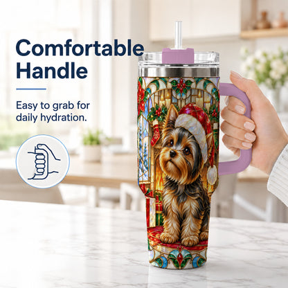 #pl[40oz|Pink] Stained Glass Style Yorkie 40oz Tumbler with Handle, Stainless Steel Cup