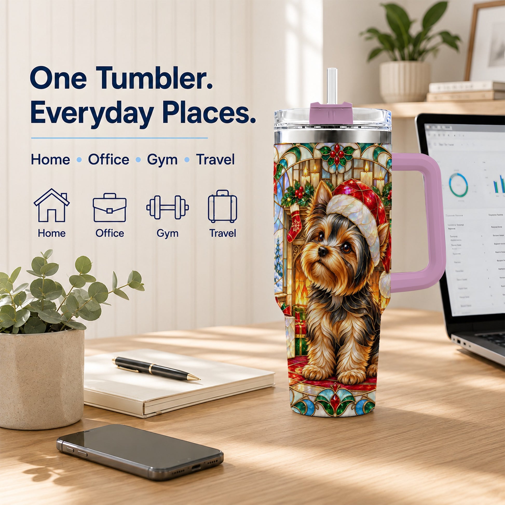 #pl[40oz|Pink] Stained Glass Style Yorkie 40oz Tumbler with Handle, Stainless Steel Cup