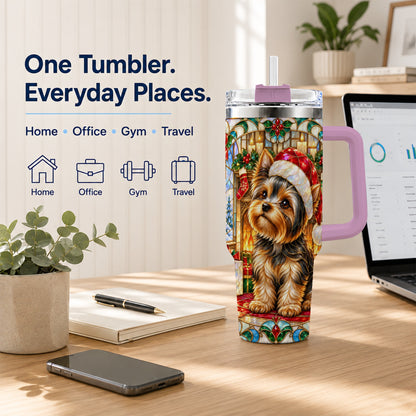 #pl[40oz|Pink] Stained Glass Style Yorkie 40oz Tumbler with Handle, Stainless Steel Cup
