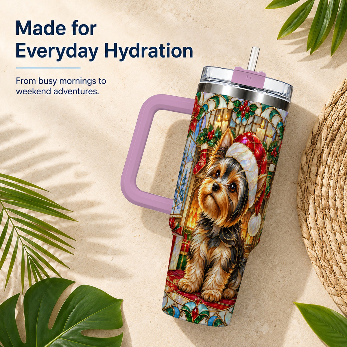 #pl[40oz|Pink] Stained Glass Style Yorkie 40oz Tumbler with Handle, Stainless Steel Cup