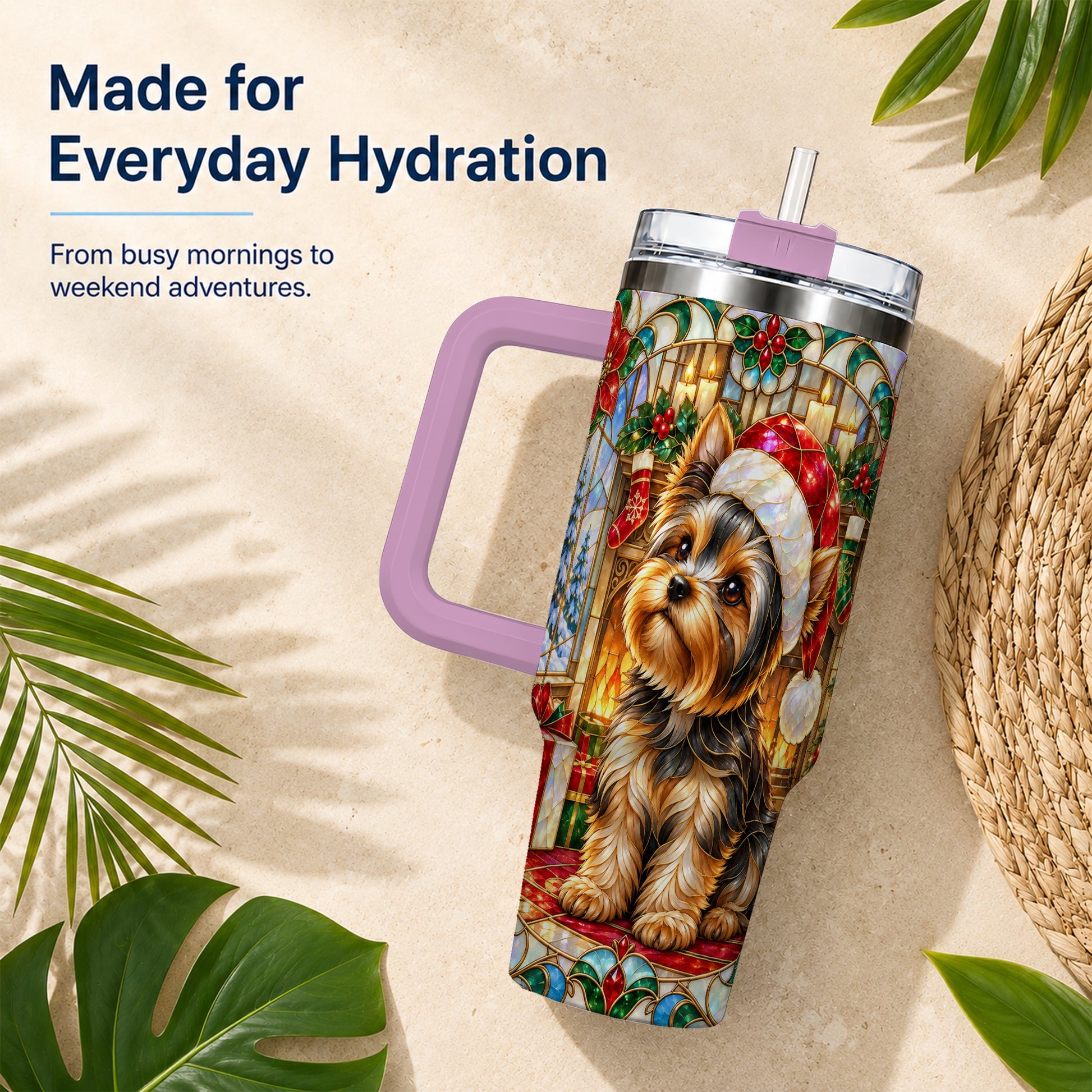 #pl[40oz|Pink] Stained Glass Style Yorkie 40oz Tumbler with Handle, Stainless Steel Cup