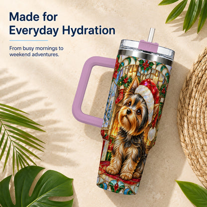 #pl[40oz|Pink] Stained Glass Style Yorkie 40oz Tumbler with Handle, Stainless Steel Cup