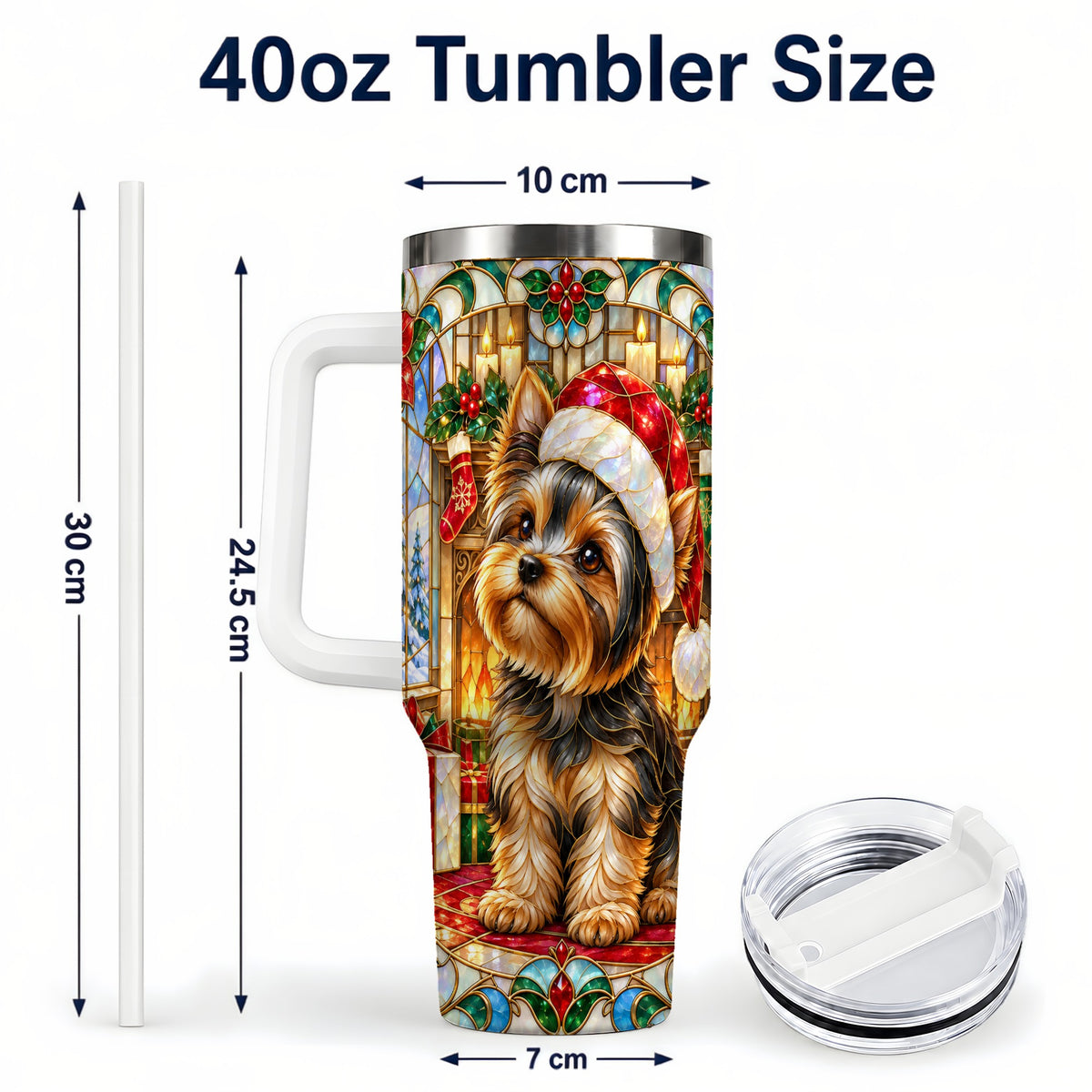 #pl[40oz|White] Stained Glass Style Yorkie 40oz Tumbler with Handle, Stainless Steel Cup