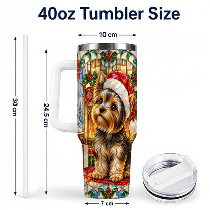 #pl[40oz|White] Stained Glass Style Yorkie 40oz Tumbler with Handle, Stainless Steel Cup