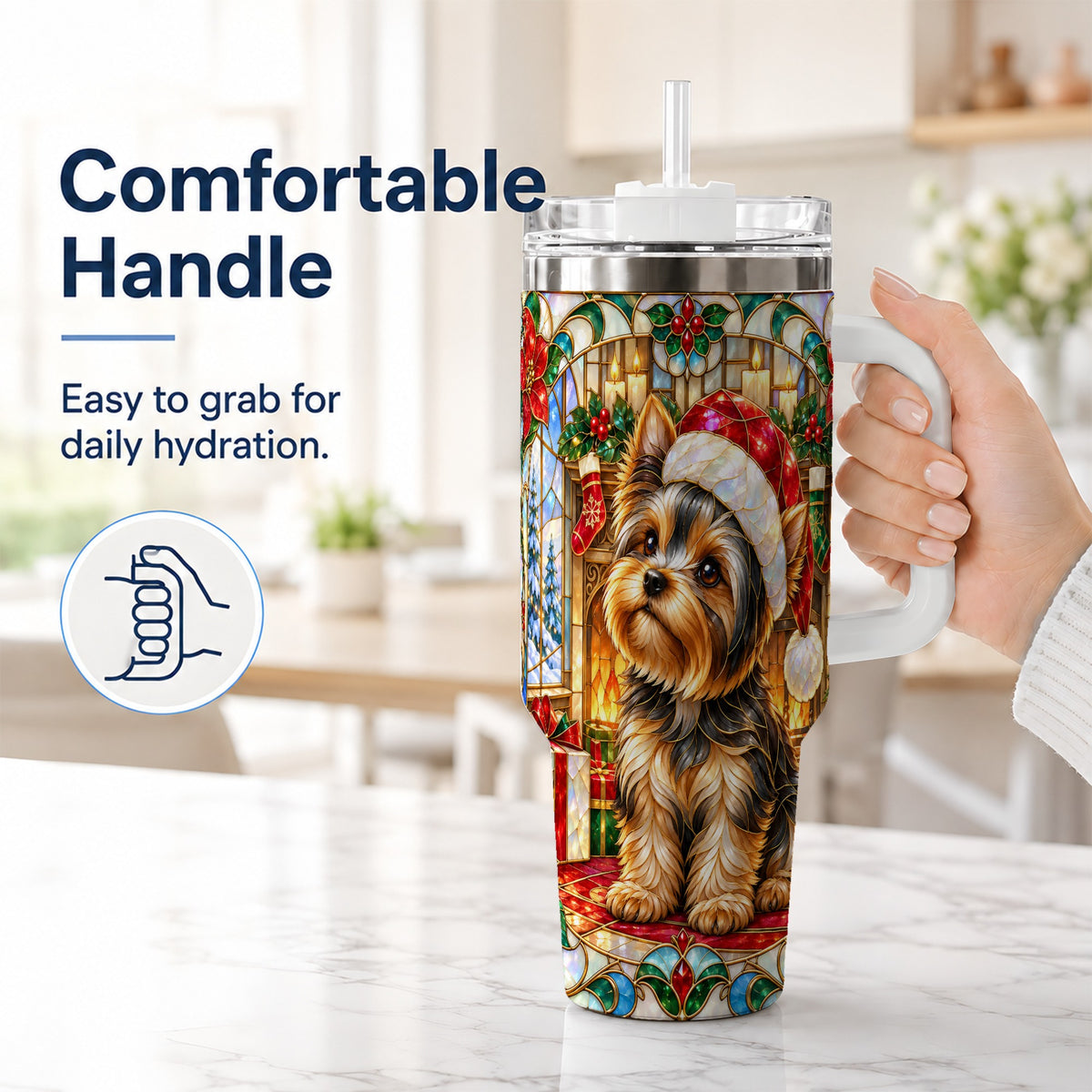 #pl[40oz|White] Stained Glass Style Yorkie 40oz Tumbler with Handle, Stainless Steel Cup