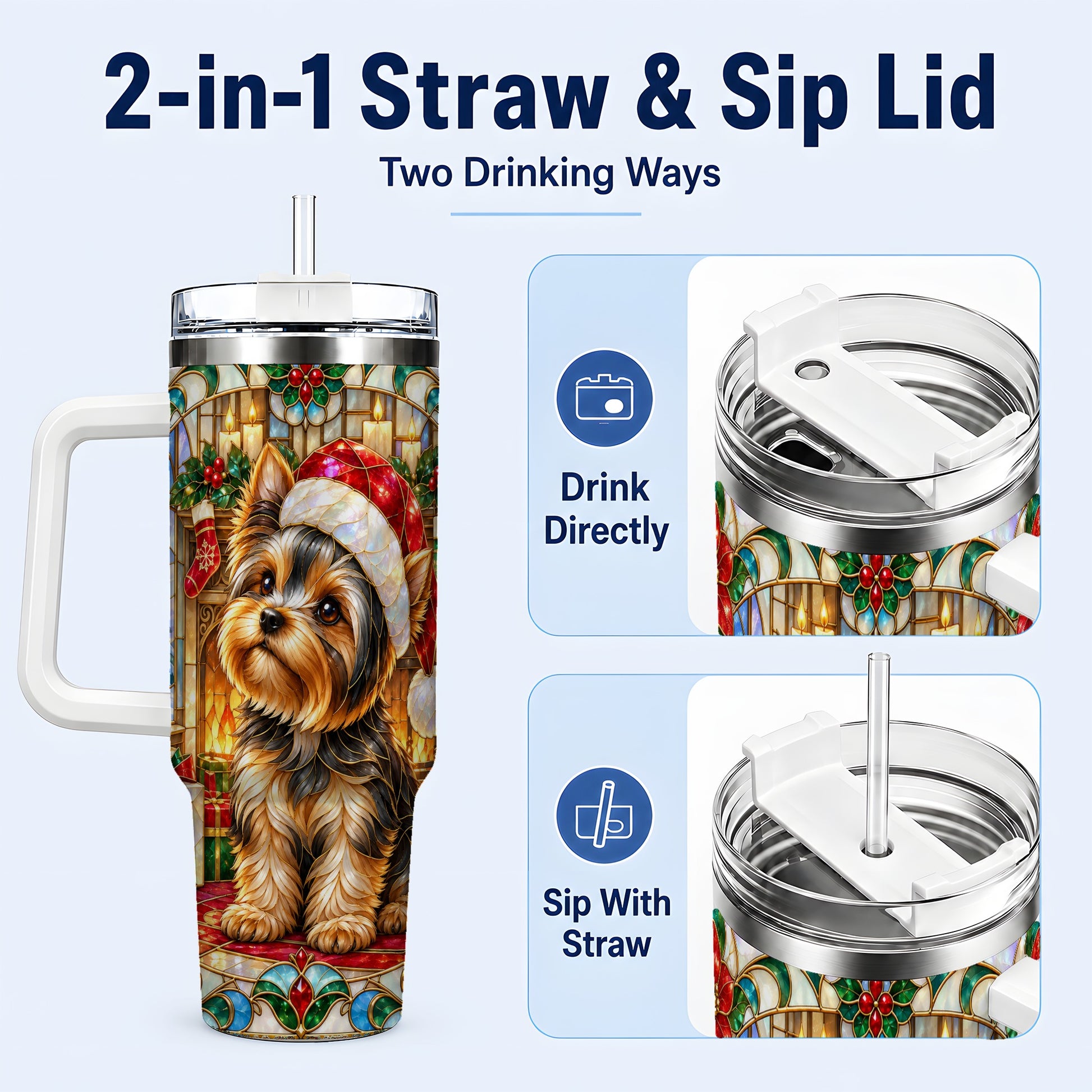 #pl[40oz|White] Stained Glass Style Yorkie 40oz Tumbler with Handle, Stainless Steel Cup