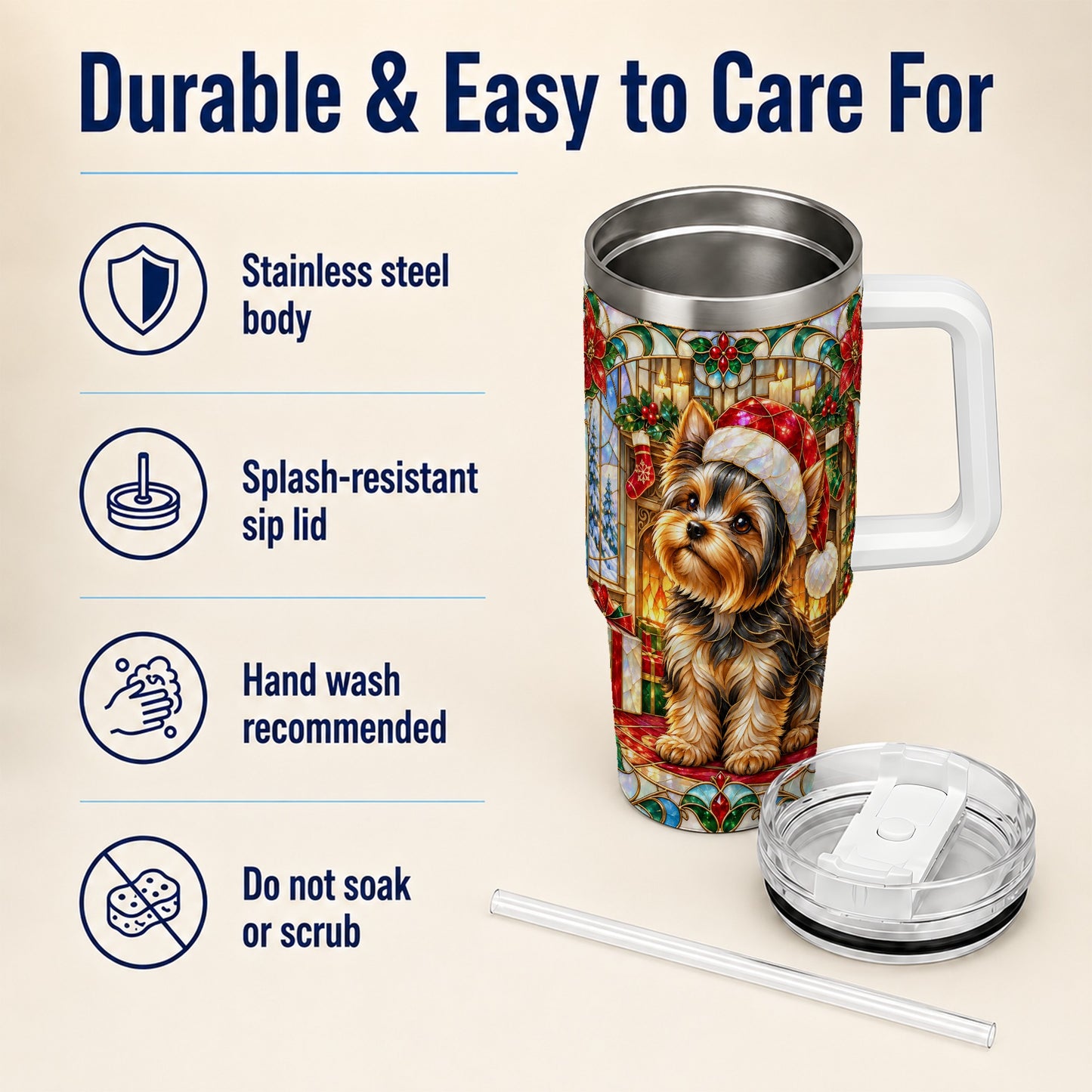 #pl[40oz|White] Stained Glass Style Yorkie 40oz Tumbler with Handle, Stainless Steel Cup