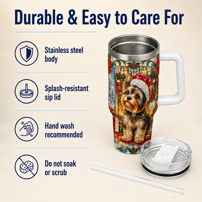 #pl[40oz|White] Stained Glass Style Yorkie 40oz Tumbler with Handle, Stainless Steel Cup