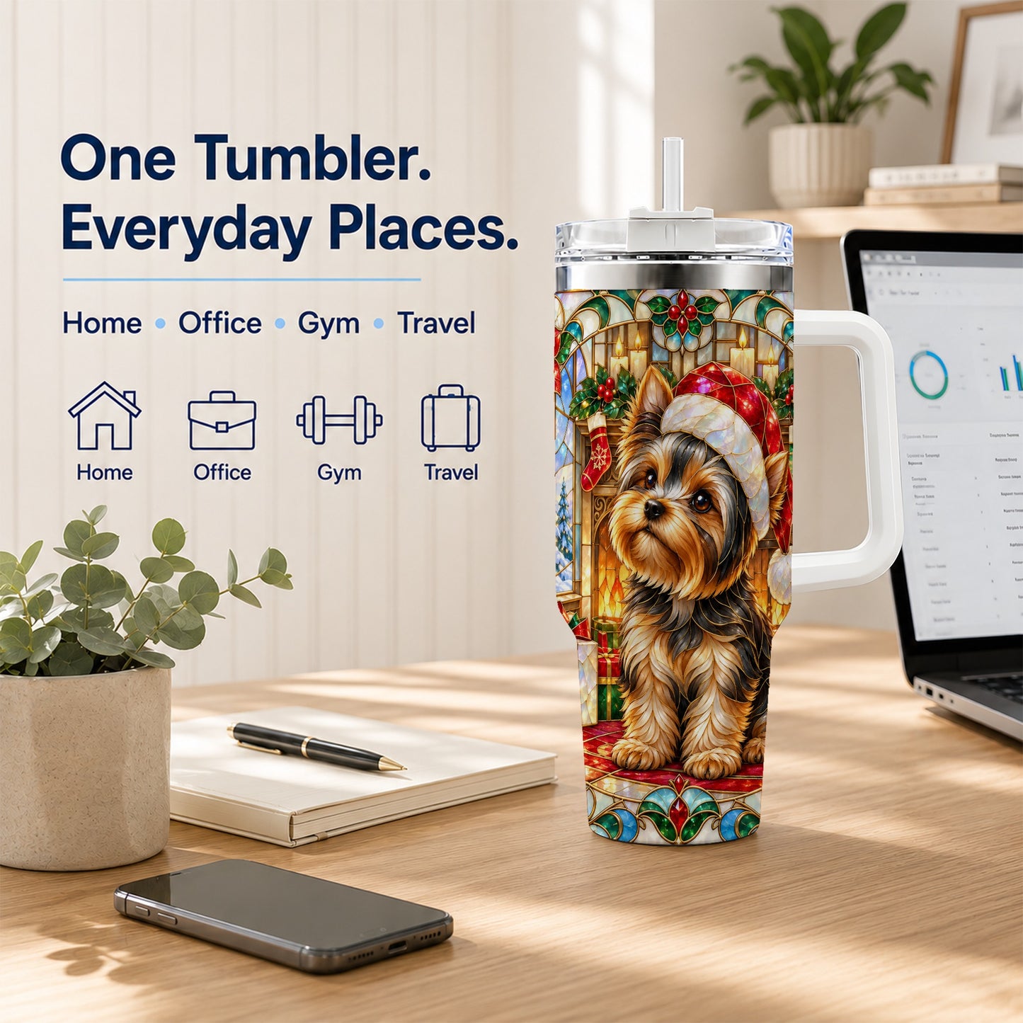 #pl[40oz|White] Stained Glass Style Yorkie 40oz Tumbler with Handle, Stainless Steel Cup