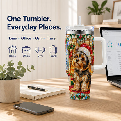 #pl[40oz|White] Stained Glass Style Yorkie 40oz Tumbler with Handle, Stainless Steel Cup