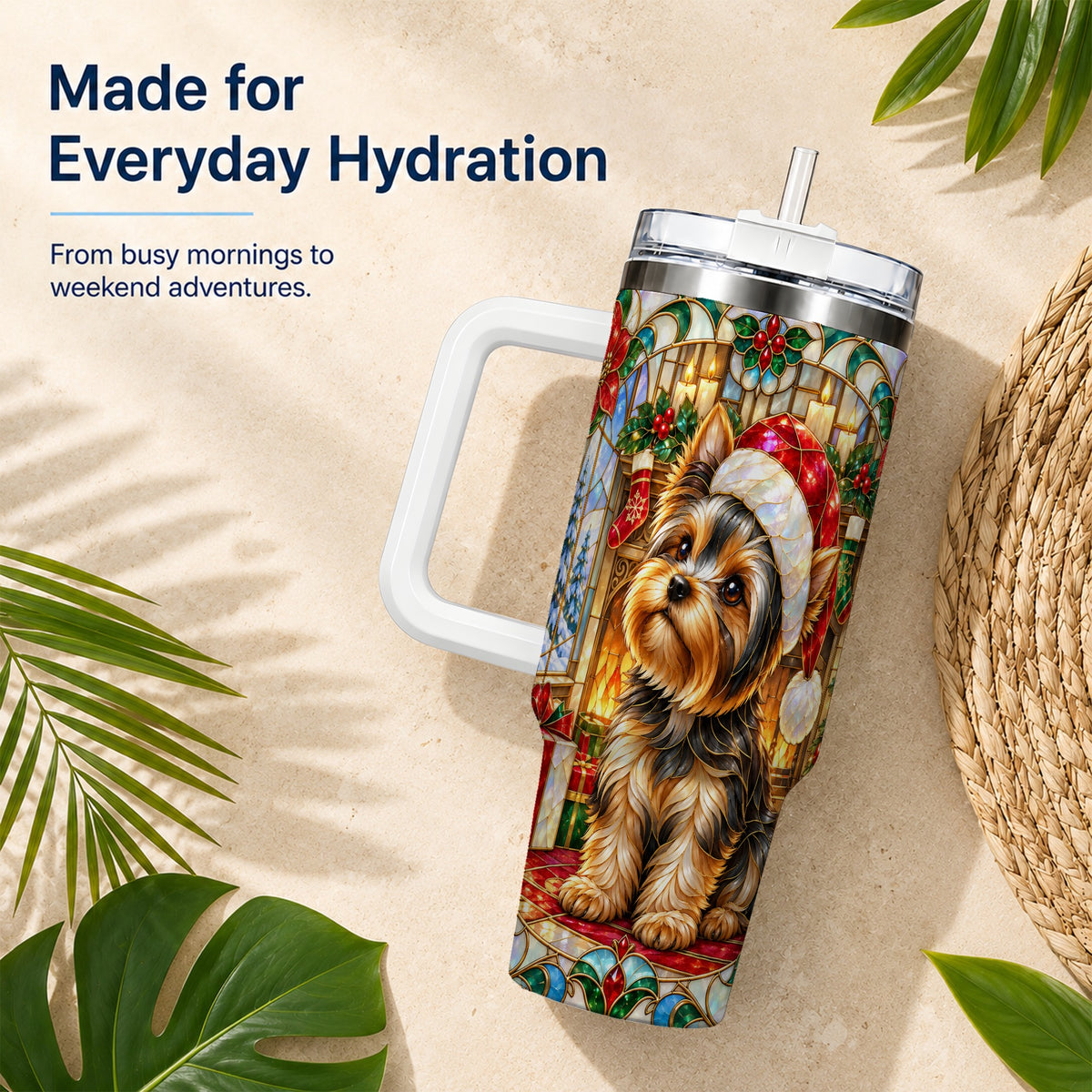 #pl[40oz|White] Stained Glass Style Yorkie 40oz Tumbler with Handle, Stainless Steel Cup