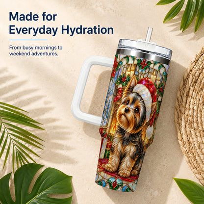 #pl[40oz|White] Stained Glass Style Yorkie 40oz Tumbler with Handle, Stainless Steel Cup