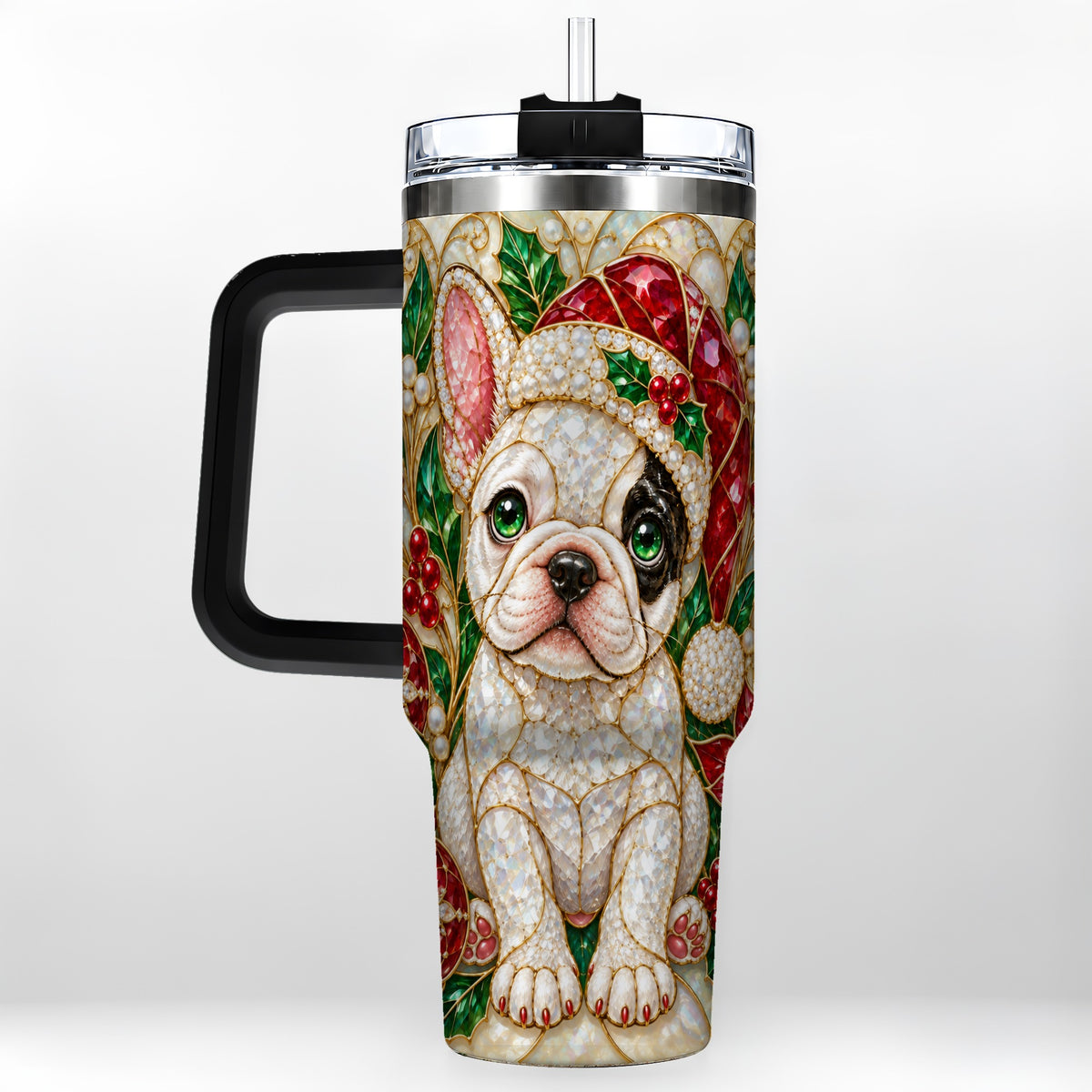 #pl[40oz|Black] French Bulldog 40oz Tumbler with Handle, Christmas Dog Travel Cup