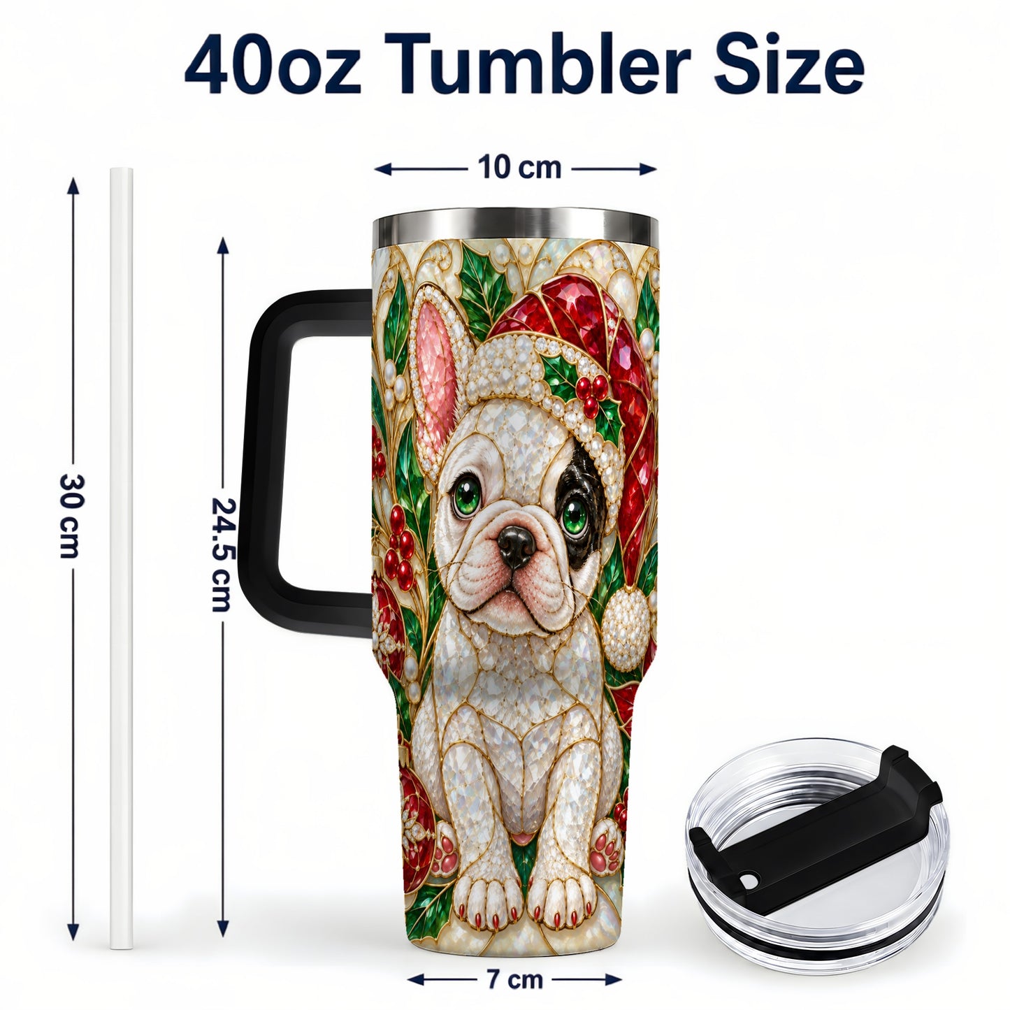 #pl[40oz|Black] French Bulldog 40oz Tumbler with Handle, Christmas Dog Travel Cup