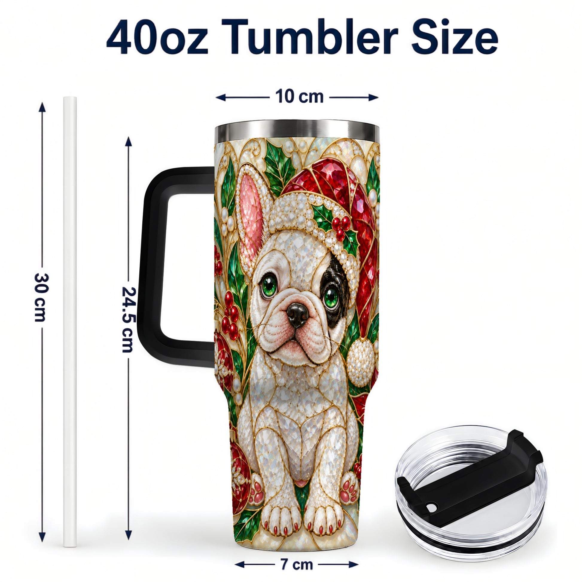 #pl[40oz|Black] French Bulldog 40oz Tumbler with Handle, Christmas Dog Travel Cup