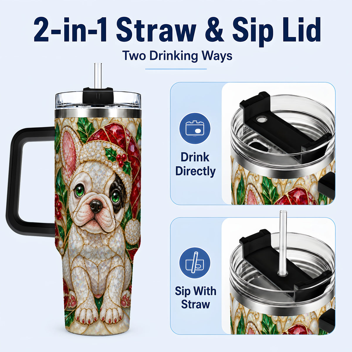 #pl[40oz|Black] French Bulldog 40oz Tumbler with Handle, Christmas Dog Travel Cup