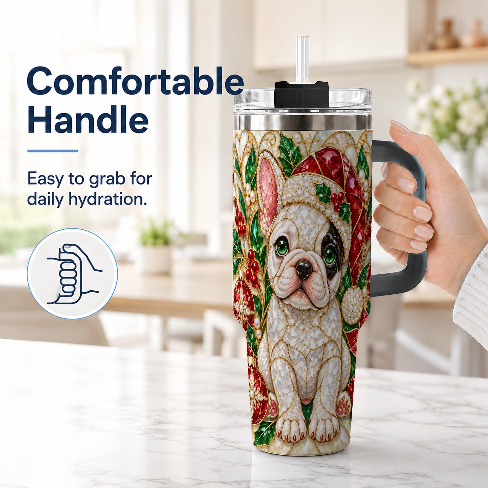 #pl[40oz|Black] French Bulldog 40oz Tumbler with Handle, Christmas Dog Travel Cup