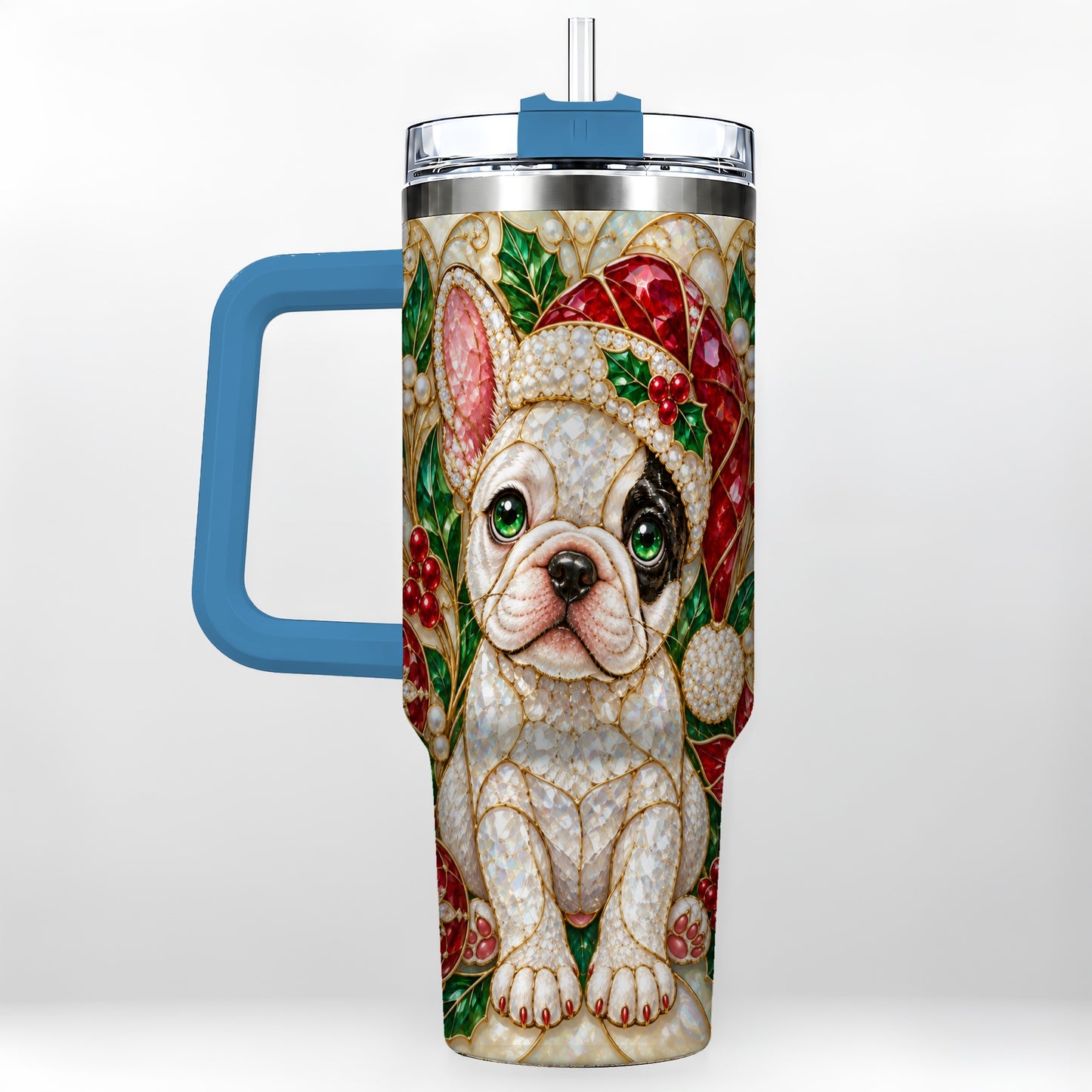 #pl[40oz|Blue] French Bulldog 40oz Tumbler with Handle, Christmas Dog Travel Cup