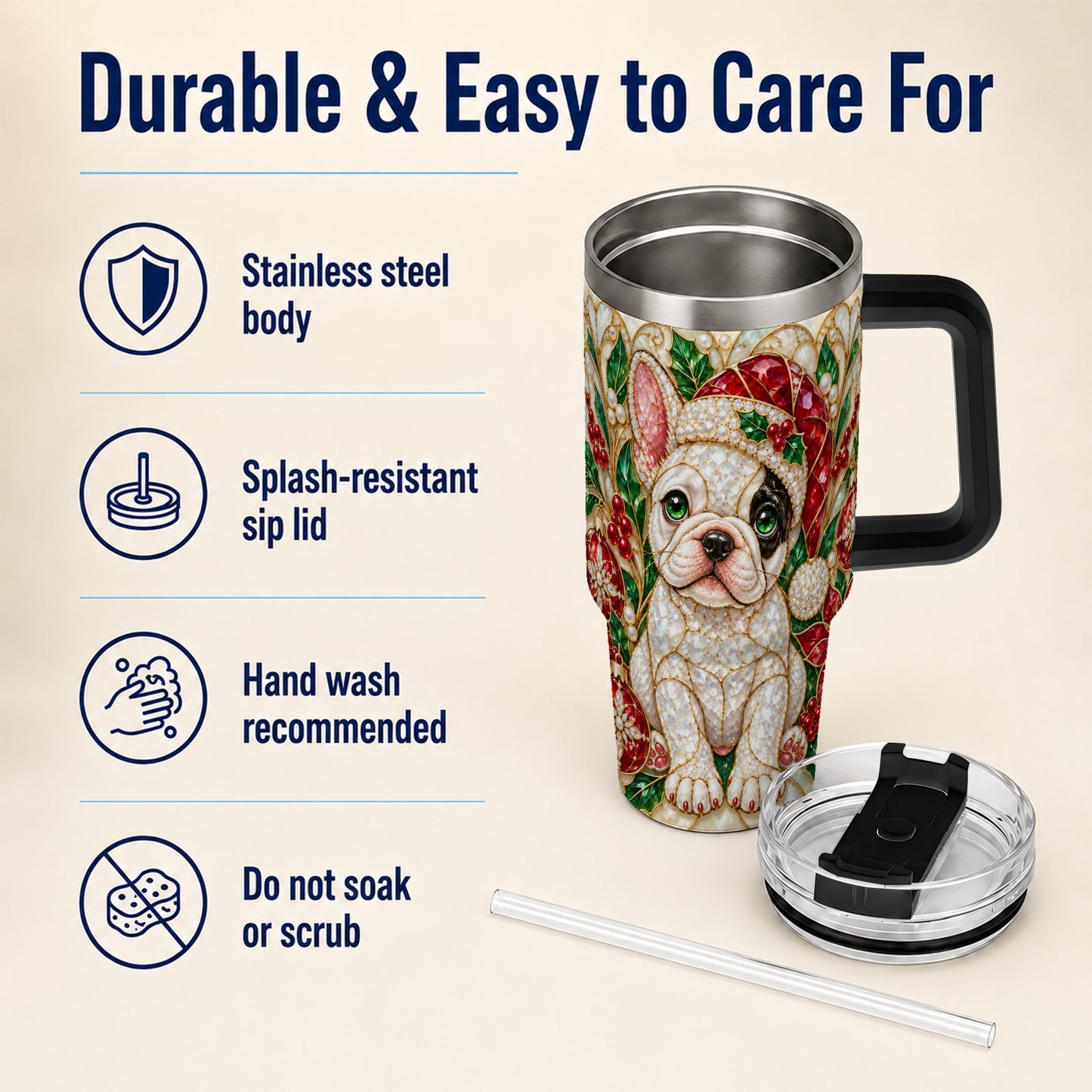 #pl[40oz|Black] French Bulldog 40oz Tumbler with Handle, Christmas Dog Travel Cup