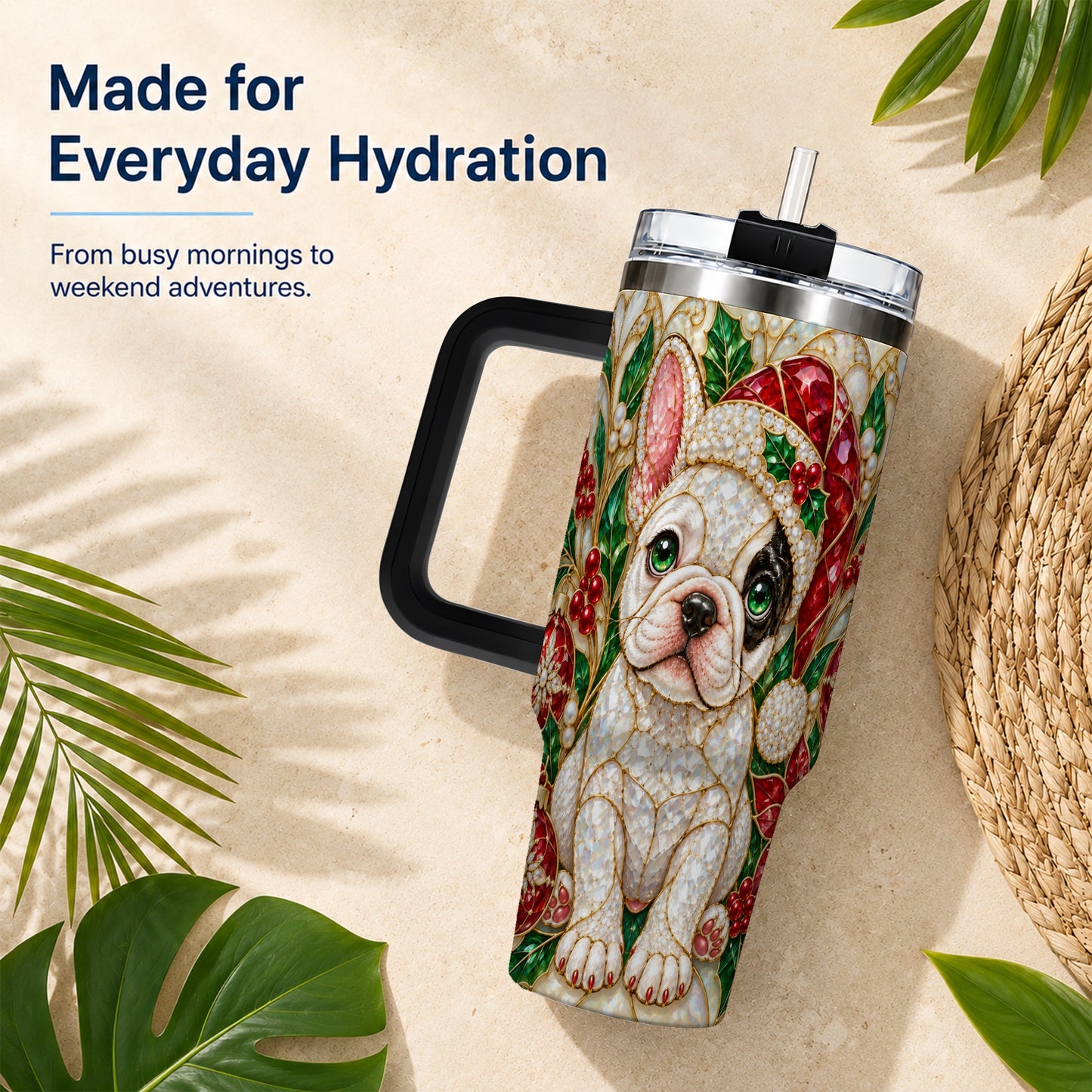 #pl[40oz|Black] French Bulldog 40oz Tumbler with Handle, Christmas Dog Travel Cup