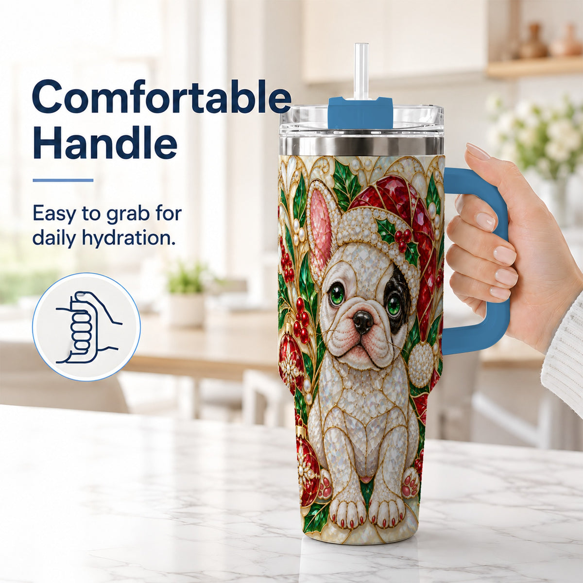 #pl[40oz|Blue] French Bulldog 40oz Tumbler with Handle, Christmas Dog Travel Cup