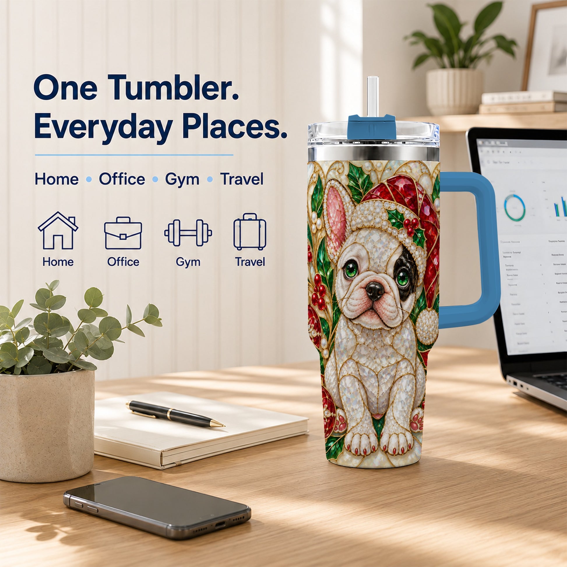 #pl[40oz|Blue] French Bulldog 40oz Tumbler with Handle, Christmas Dog Travel Cup