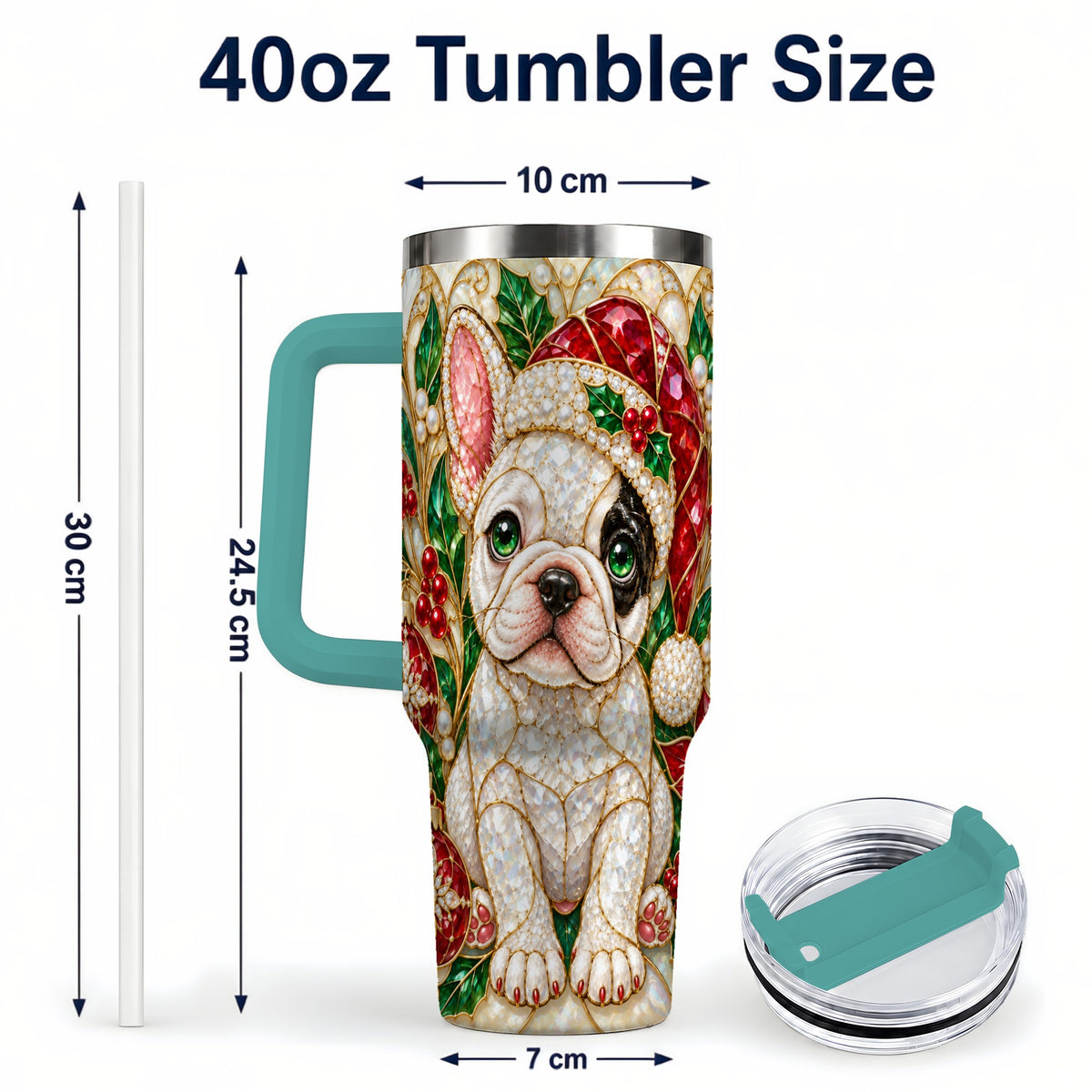 #pl[40oz|Green] French Bulldog 40oz Tumbler with Handle, Christmas Dog Travel Cup