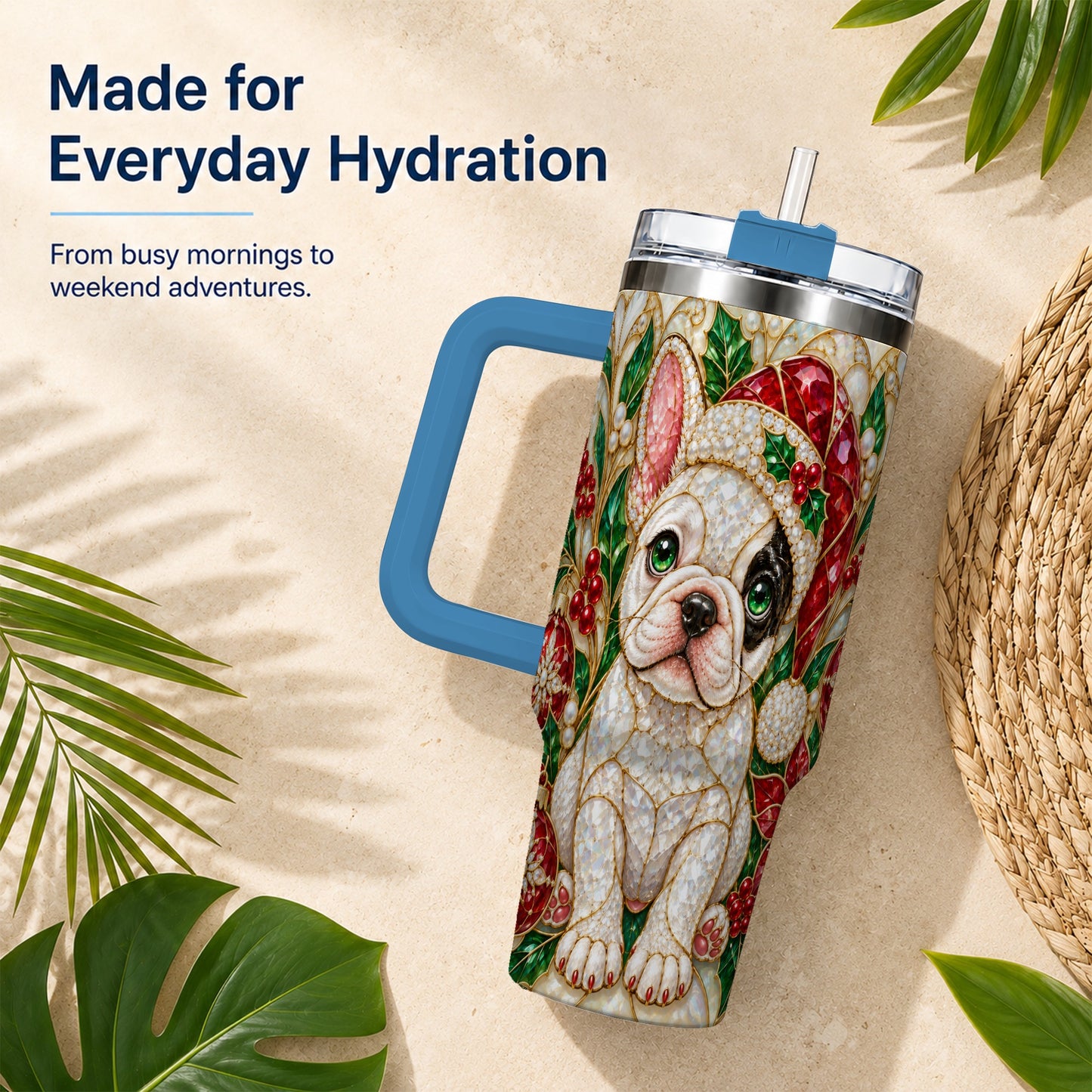 #pl[40oz|Blue] French Bulldog 40oz Tumbler with Handle, Christmas Dog Travel Cup