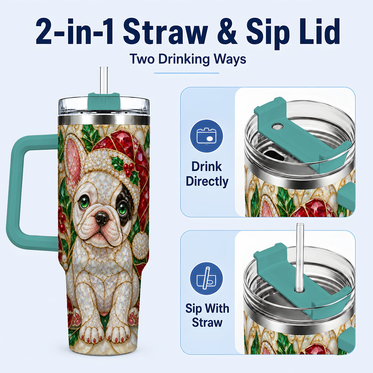 #pl[40oz|Green] French Bulldog 40oz Tumbler with Handle, Christmas Dog Travel Cup