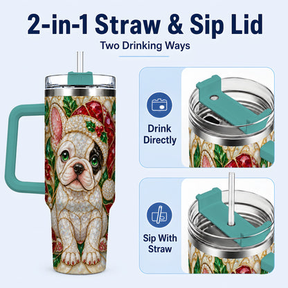 #pl[40oz|Green] French Bulldog 40oz Tumbler with Handle, Christmas Dog Travel Cup