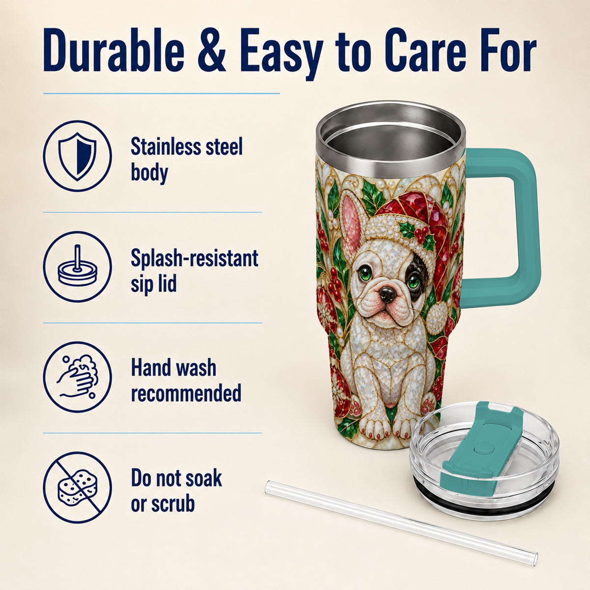 #pl[40oz|Green] French Bulldog 40oz Tumbler with Handle, Christmas Dog Travel Cup