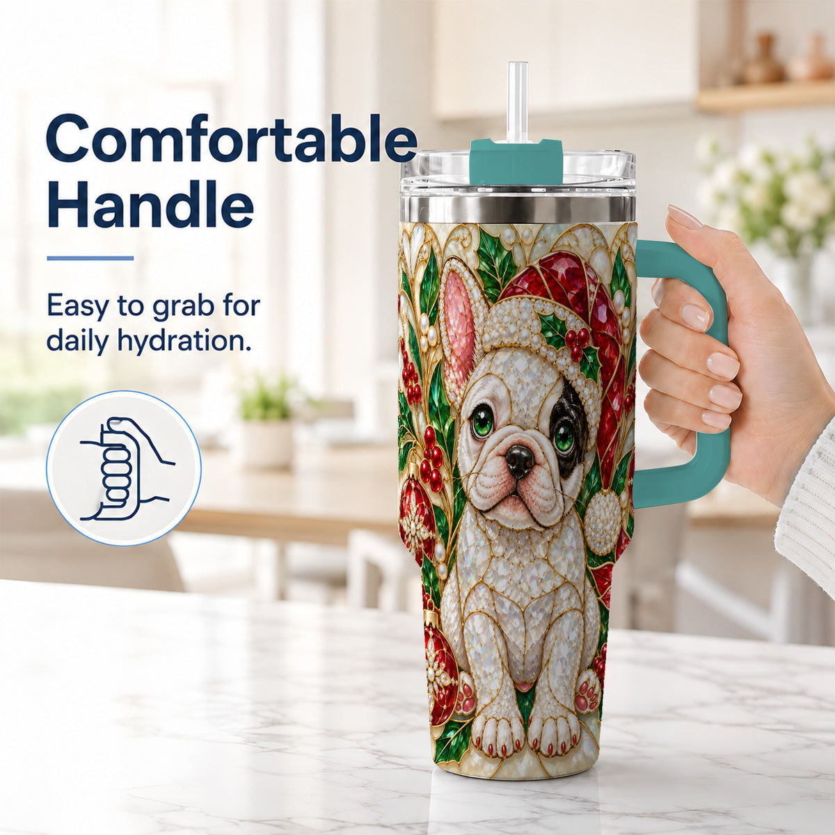 #pl[40oz|Green] French Bulldog 40oz Tumbler with Handle, Christmas Dog Travel Cup